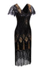 Load image into Gallery viewer, V Neck Black and Gold Sequin 1920s Fringe Dress