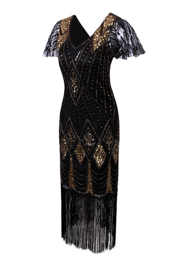 V Neck Black and Gold Sequin 1920s Fringe Dress