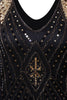 Load image into Gallery viewer, V Neck Black and Gold Sequin 1920s Fringe Dress