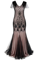 Load image into Gallery viewer, V Neck Black and Gold Sequins 1920s Dress With 20s Accessories Set