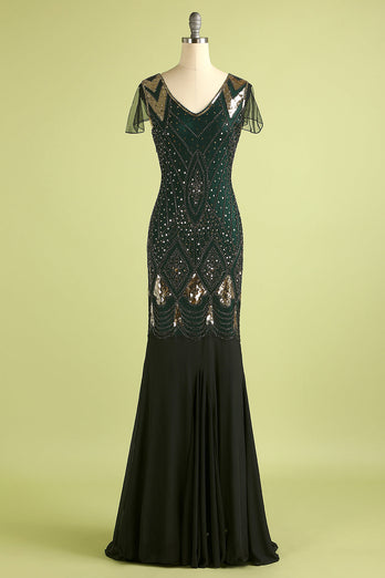 V Neck Black and Gold Sequins 1920s Dress With 20s Accessories Set