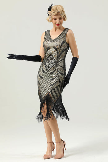 Black V Neck Sequin 1920s Flapper Dress
