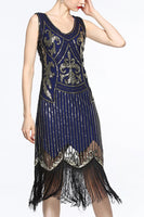 Load image into Gallery viewer, Navy 1920s Fringe Sequin Flapper Dress