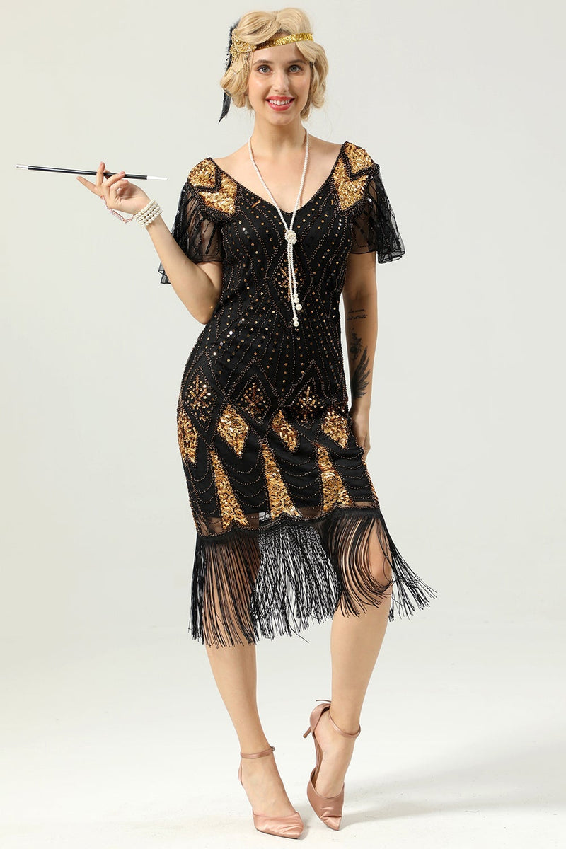 Load image into Gallery viewer, Golden Fringe 1920s Dress