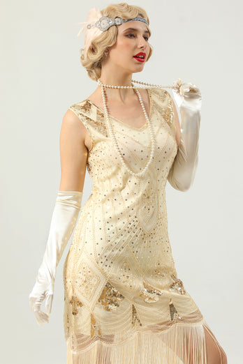 Apricot Sequin Fringe Bodycon 1920s Dress
