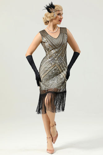 Golden V-neck 1920s Flapper Dress