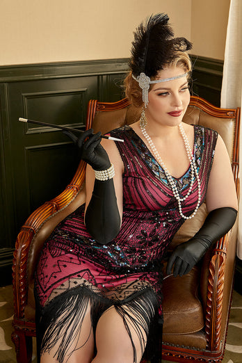 Plus Size V-Neck Fuchisa 1920s Flapper Dress