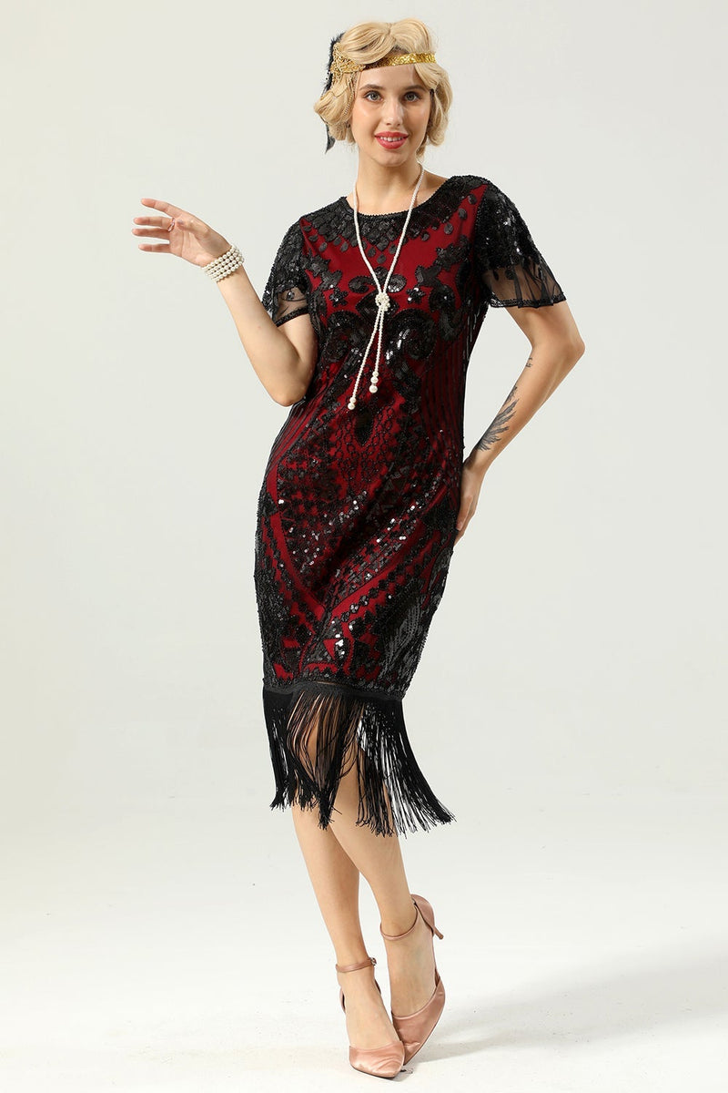 Load image into Gallery viewer, Black and Gold Sequin 1920 Dress with 20s Accessories Set