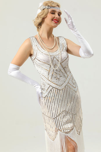 1920 Retro White Sequins Fringe Dress