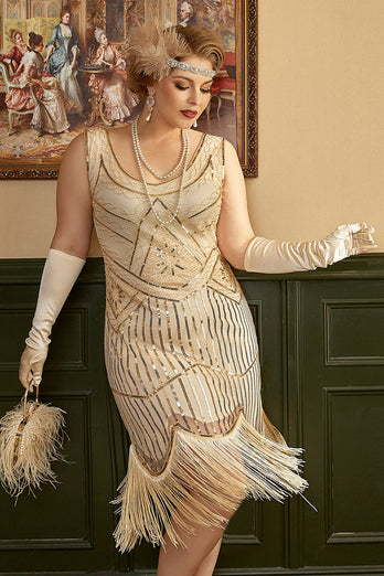 Apricot Sequin Fringes Plus Size 1920s Flapper Dress