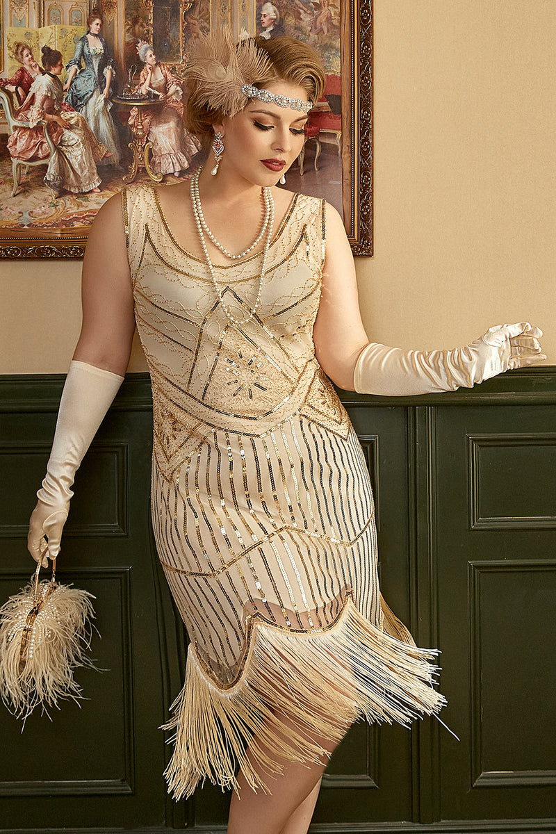 Queendancer Plus Size 1920s Gatsby Dress Apricot Sequin Fringes Vintage Dress –