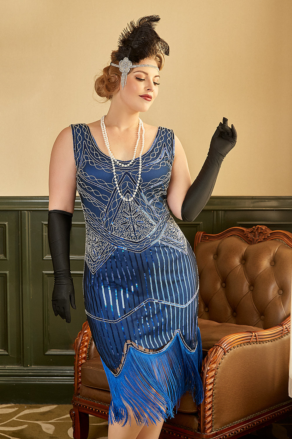 Queendancer Women 1920s Dress Royal Blue Plus Size Scoop Neck Sleeveless Gatsby Dress With Tassel queendancer