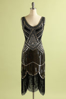 Load image into Gallery viewer, Black Deep V Neck Flapper 1920s Dress