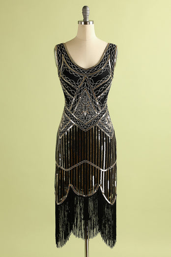 Black Deep V Neck Flapper 1920s Dress