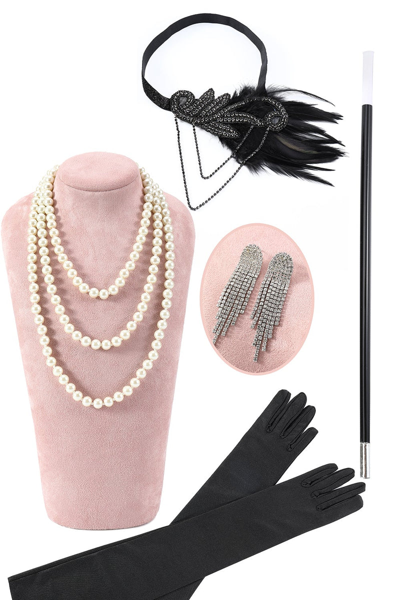 Load image into Gallery viewer, Black Sequined Beaded Fringe 1920s Dress With 20s Accessories Set