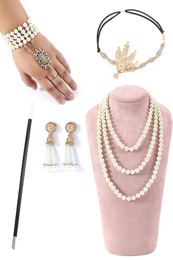 Champagne Gatsby 1920s Dress with 20s Accessories Set