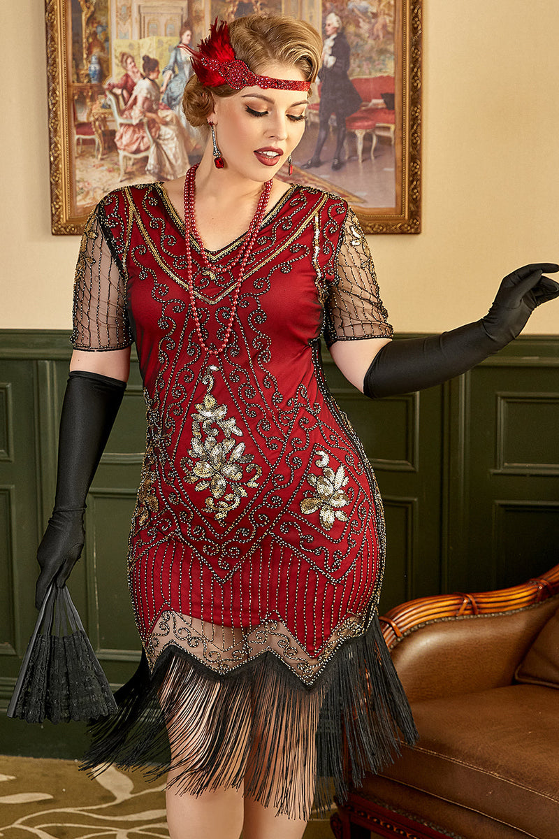 Load image into Gallery viewer, Plus Size 1920s Gatsby Sequin Fringed Paisley Flapper Dress