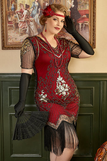Plus Size 1920s Gatsby Sequin Fringed Paisley Flapper Dress