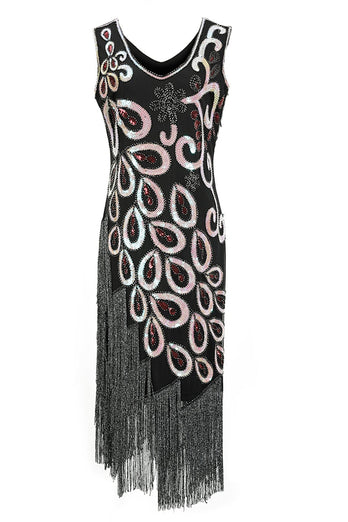 Burgundy Asymmetrical V Neck 1920s Dress with Tassel