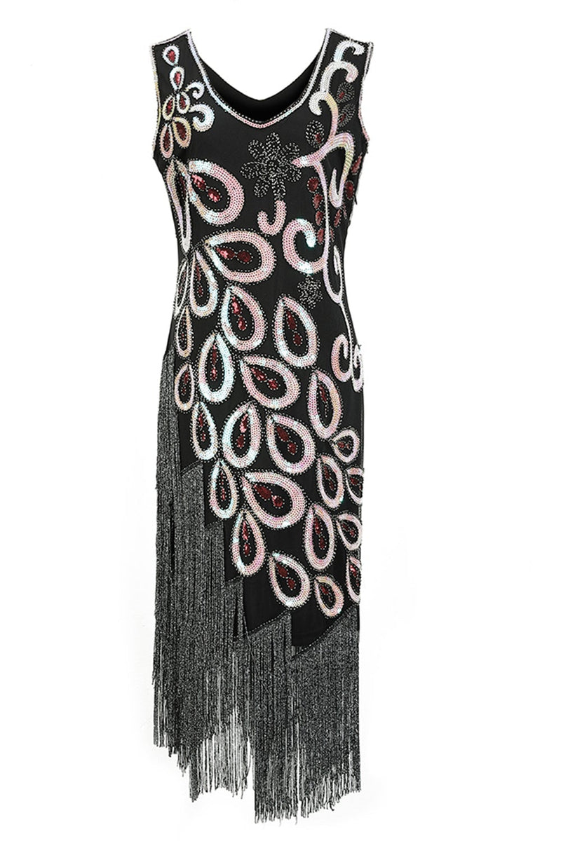 Load image into Gallery viewer, Burgundy Asymmetrical V Neck 1920s Dress with Tassel
