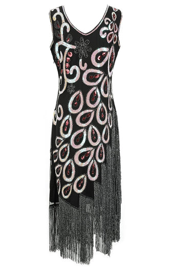 Burgundy Asymmetrical V Neck 1920s Dress with Tassel