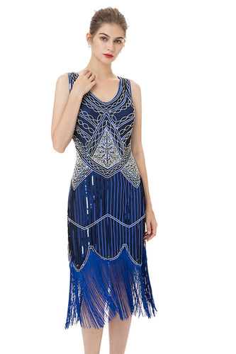 V Neck Blue 1920s Dress