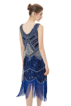 V Neck Blue 1920s Dress