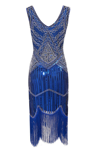 V Neck Blue 1920s Dress