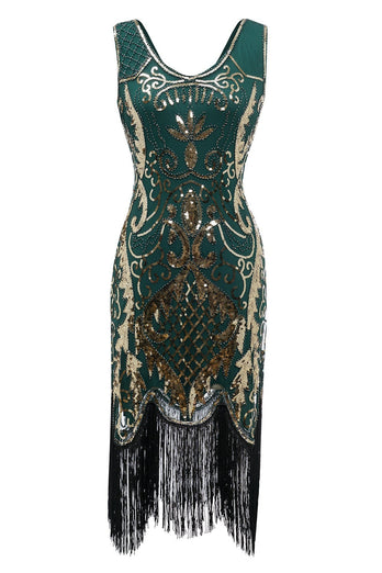 Black Sequins V-Neck Fringe 1920s Dress