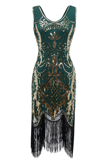 Black V-Neck Sequins 1920s Midi Fringe Dress
