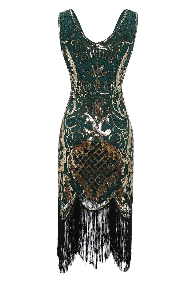 Load image into Gallery viewer, Black Sequins V-Neck Fringe 1920s Dress
