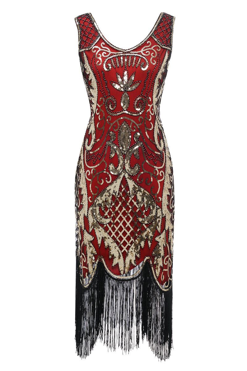 Load image into Gallery viewer, Black V-Neck Sequins 1920s Midi Fringe Dress