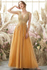 Load image into Gallery viewer, Sparkly Golden A Line Long Prom Dress With Beaded Appliques