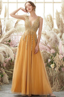 Load image into Gallery viewer, Sparkly Golden A Line Long Prom Dress With Beaded Appliques