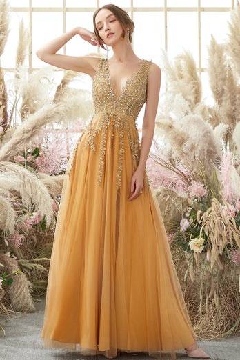 Sparkly Golden A Line Long Prom Dress With Beaded Appliques