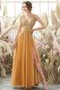 Load image into Gallery viewer, Sparkly Golden A Line Long Prom Dress With Beaded Appliques