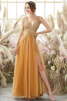 Load image into Gallery viewer, Sparkly Golden A Line Long Prom Dress With Beaded Appliques