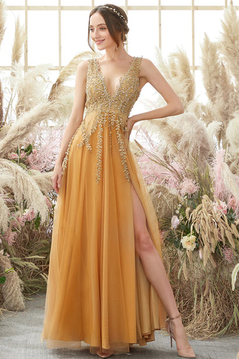 Sparkly Golden A Line Long Prom Dress With Beaded Appliques