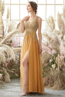 Load image into Gallery viewer, Sparkly Golden A Line Long Prom Dress With Beaded Appliques