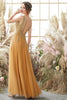Load image into Gallery viewer, Sparkly Golden A Line Long Prom Dress With Beaded Appliques