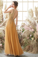 Load image into Gallery viewer, Sparkly Golden A Line Long Prom Dress With Beaded Appliques