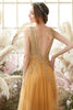 Load image into Gallery viewer, Sparkly Golden A Line Long Prom Dress With Beaded Appliques