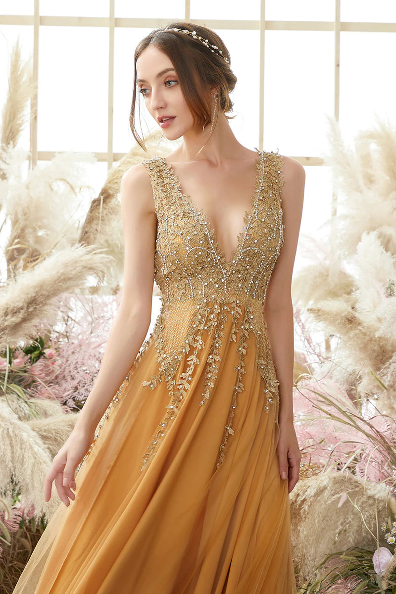 Load image into Gallery viewer, Sparkly Golden A Line Long Prom Dress With Beaded Appliques