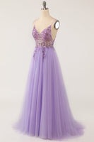 Load image into Gallery viewer, Purple Beaded Tulle Long Prom Dress