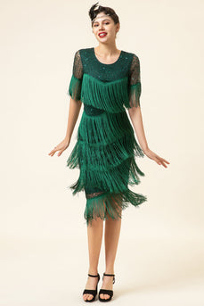 Dark Green Beaded Gatsby Fringe 1920s Dress With 20s Accessories Set
