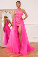 Load image into Gallery viewer, Hot Pink Detchable Train Prom Dress