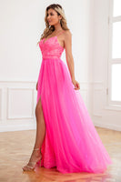 Load image into Gallery viewer, Two Piece Spaghetti Straps Fuchsia Prom Dress with Split Front