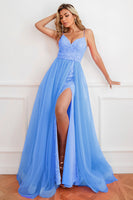 Load image into Gallery viewer, Two Piece Spaghetti Straps Fuchsia Prom Dress with Split Front