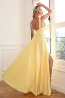 Load image into Gallery viewer, Classic A Line V Neck Yellow Long Prom Dress with Split Front