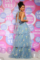 Load image into Gallery viewer, A Line Halter Grey Blue Prom Dress with Embroidery